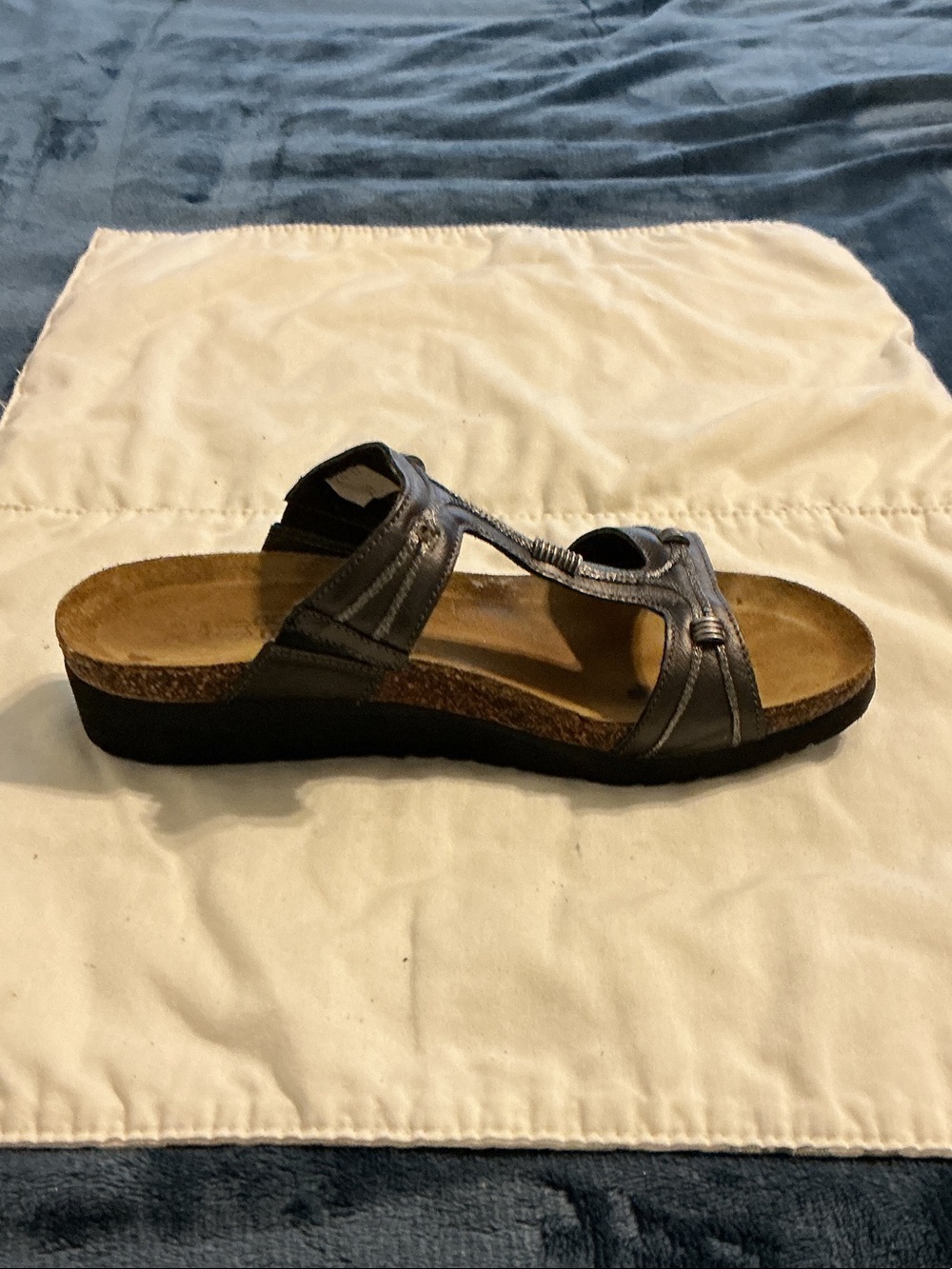 Naot Metallic Charcoal Knot-Accent Slide Sandals